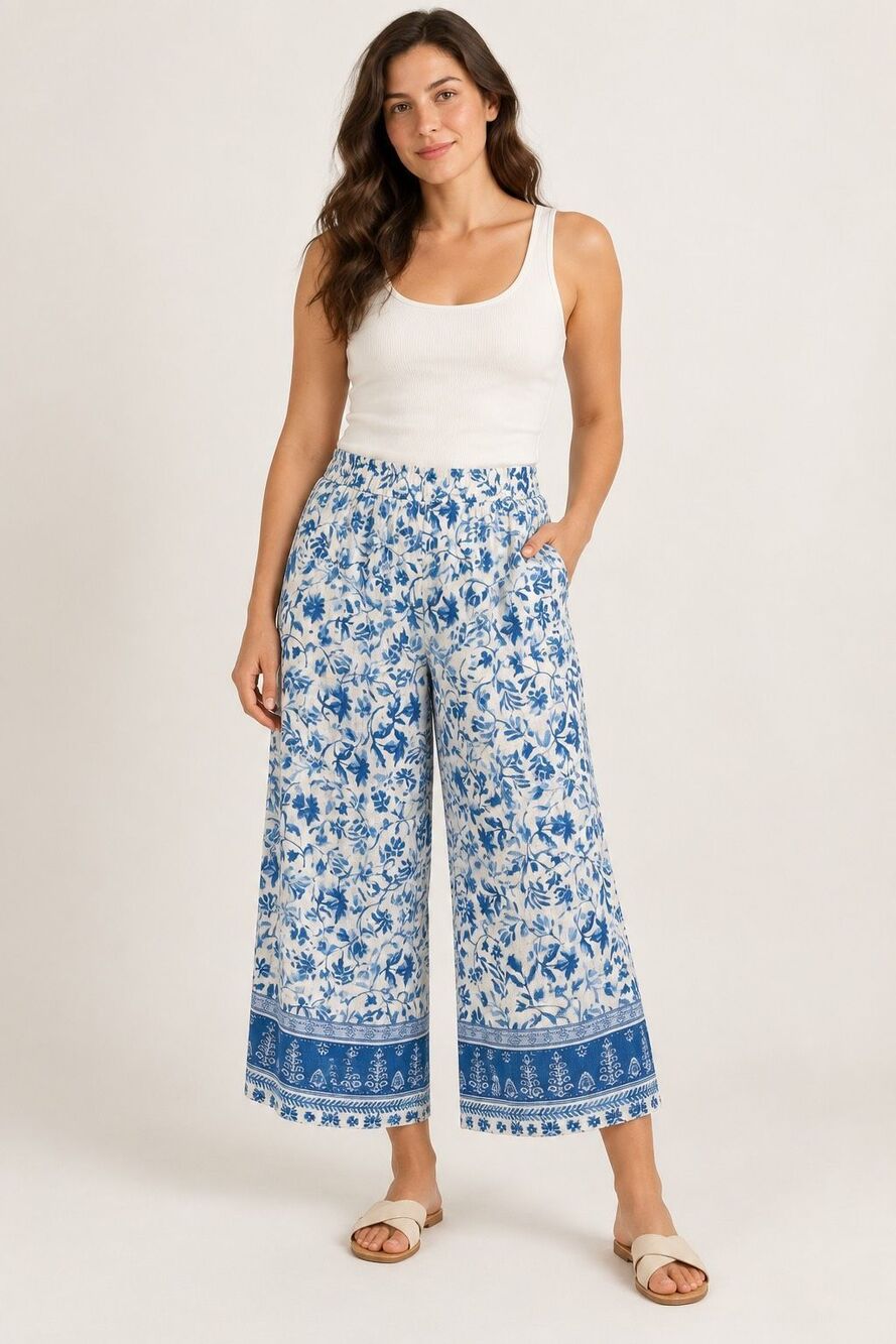 Joie XL 100% Linen Blue White Floral Wide Leg Crop Palazzo Pants